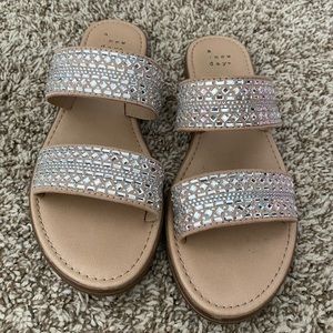Tan Rhinestone Double Strap Sandals